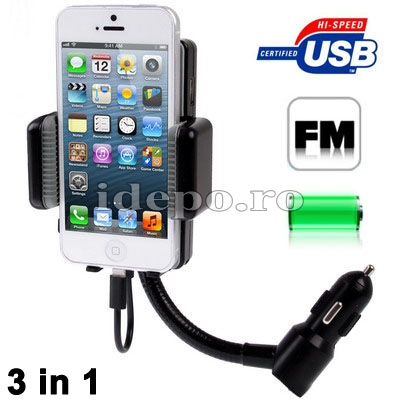 Car kit hands-free cu modulator FM iPhone 5, iPhone 6, Samsung Galaxy S4, S3